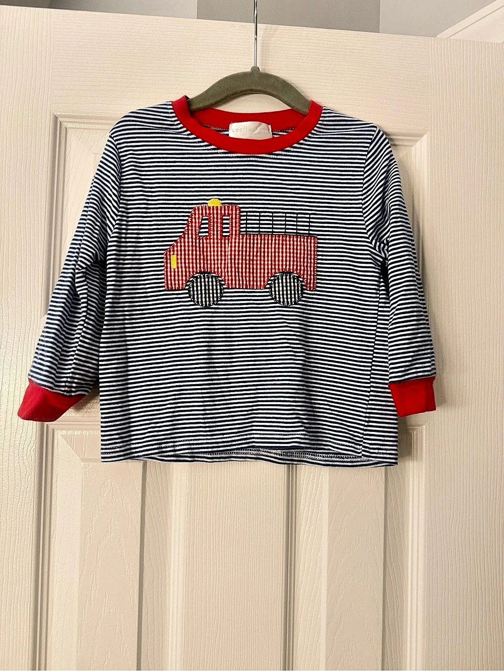 Cecil and Lou Fire Truck Applique Striped Shirt Boys 2T